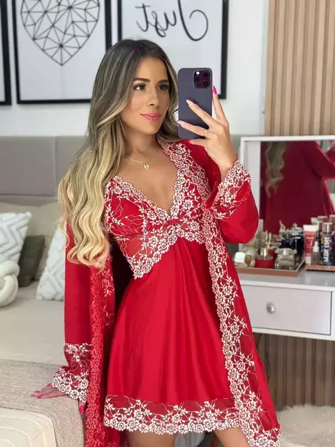 Robe/Camisola/Calcinha sem Bojo - Vermelho/Branco - comprar online
