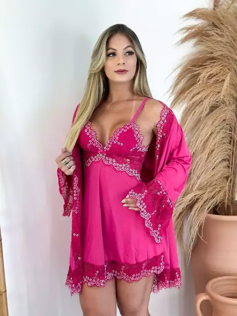 Robe/Camisola/Calcinha sem Bojo Pink/Branco - comprar online