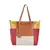 Bolsa de ombro de couro colorido com alça removível, apresentando detalhes em amarelo, vermelho e creme.