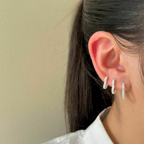 Trio de brincos argolas coração cravejado em prata 925