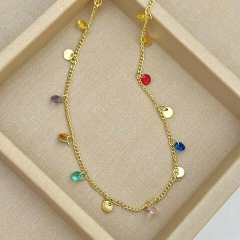 Choker Cristais Coloridos Banhado a Ouro 18k