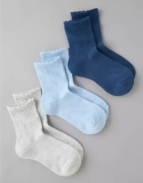 PREORDEN American Eagle AE Scalloped Cropped Crew Socks 3-Pack BLUE - comprar en línea