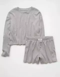 PREORDEN American Eagle AE Luxe Plush Waffle Tee + Short Lounge Set Medium Heather Gray en internet