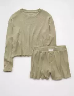 PREORDEN American Eagle AE Luxe Plush Waffle Tee + Short Lounge Set Washed Olive en internet