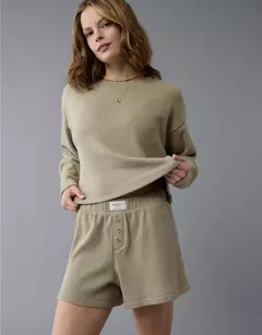 PREORDEN American Eagle AE Luxe Plush Waffle Tee + Short Lounge Set Washed Olive - comprar en línea