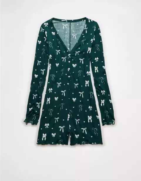 PREORDEN American Eagle AE Luxe Plush Long Sleeve Romper Deep Forest - comprar en línea