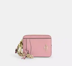 PREORDEN Coach Zip Card Case With Bows crinkle leather/Gold/Soft Pink