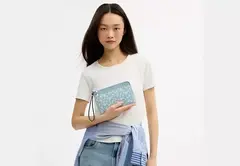 PREORDEN Coach Double Zip Wristlet With Floral Print Silver/Blue Multi en internet