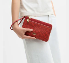 PREORDEN Coach Double Zip Wallet In Signature Canvas /Gold/Crimson - comprar en línea