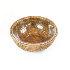 Bowl de vidro 28 cm com suporte em rattan MAYA