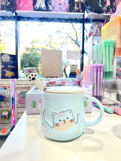 Taza ceramica gato azul cuchara garra - comprar online