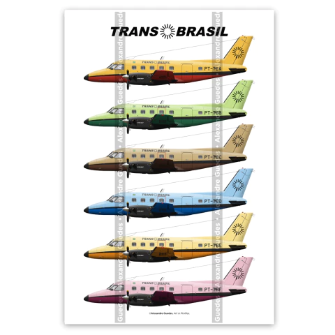 Poster EMB-110 Bandeirante da Transbrasil com seis pinturas. - comprar online