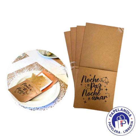 PORTA CUBIERTOS PAPEL KRAFT NOCHE DE PAZ NOCHE DE AMAR X 10 UNID