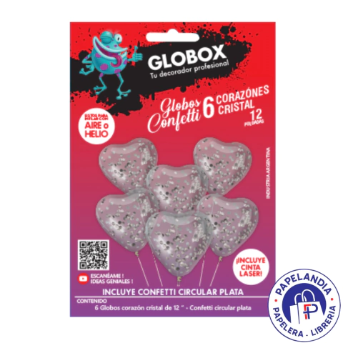 KIT GLOBOS FORMAS GLOBOX CORAZON CRISTAL CON CONFETTI PLATA X6 (APTO HELIO)71675