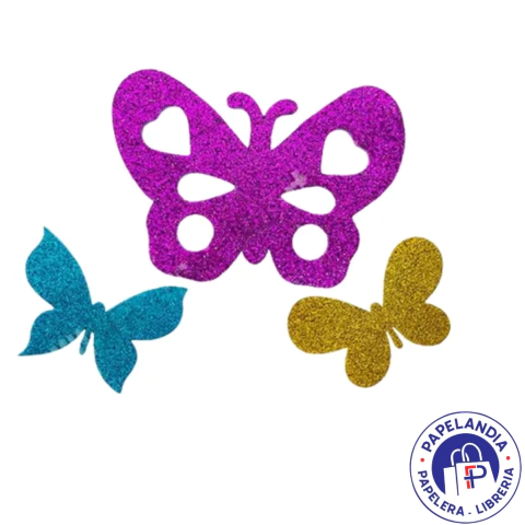 APLIQUE DE GOMA EVA CON BRILLO MARIPOSAS X 5U ART. 49906