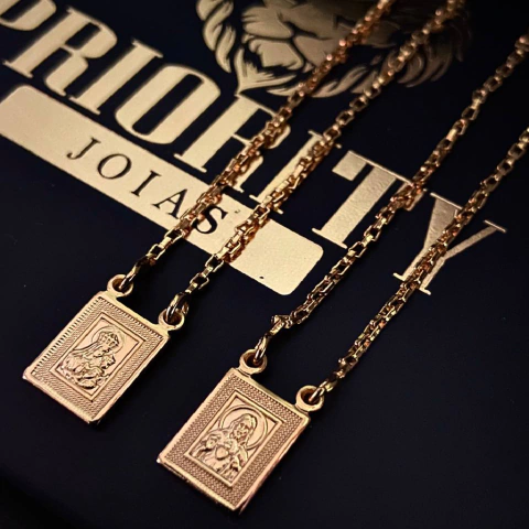 ESCAPULÁRIO TIJOLINHO 1mm JESUS/NOSSA SENHORA DO CARMO 70cm - BANHADO A OURO 18K - comprar online