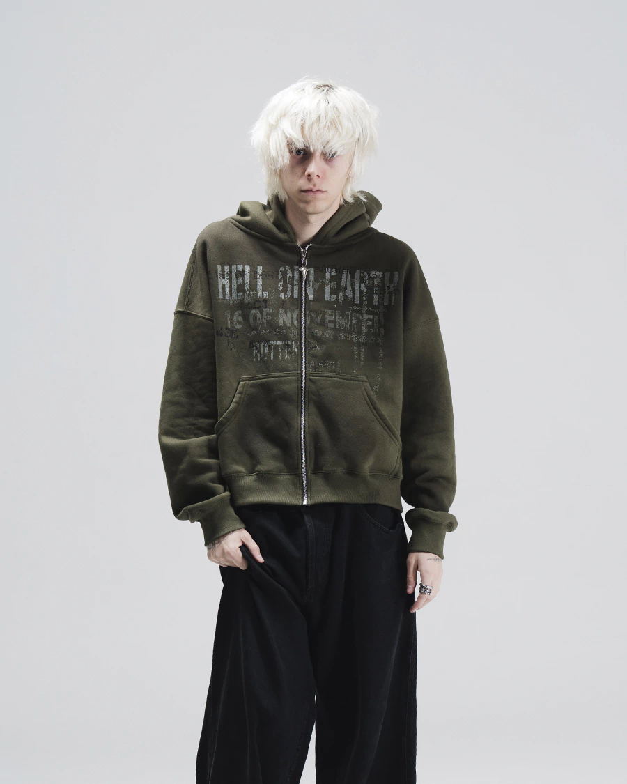 HELL ON EARTH OLIVE ZIP HOODIE en internet