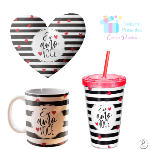 Kit Copo + Caneca + Almofada de coração - Eu amo você