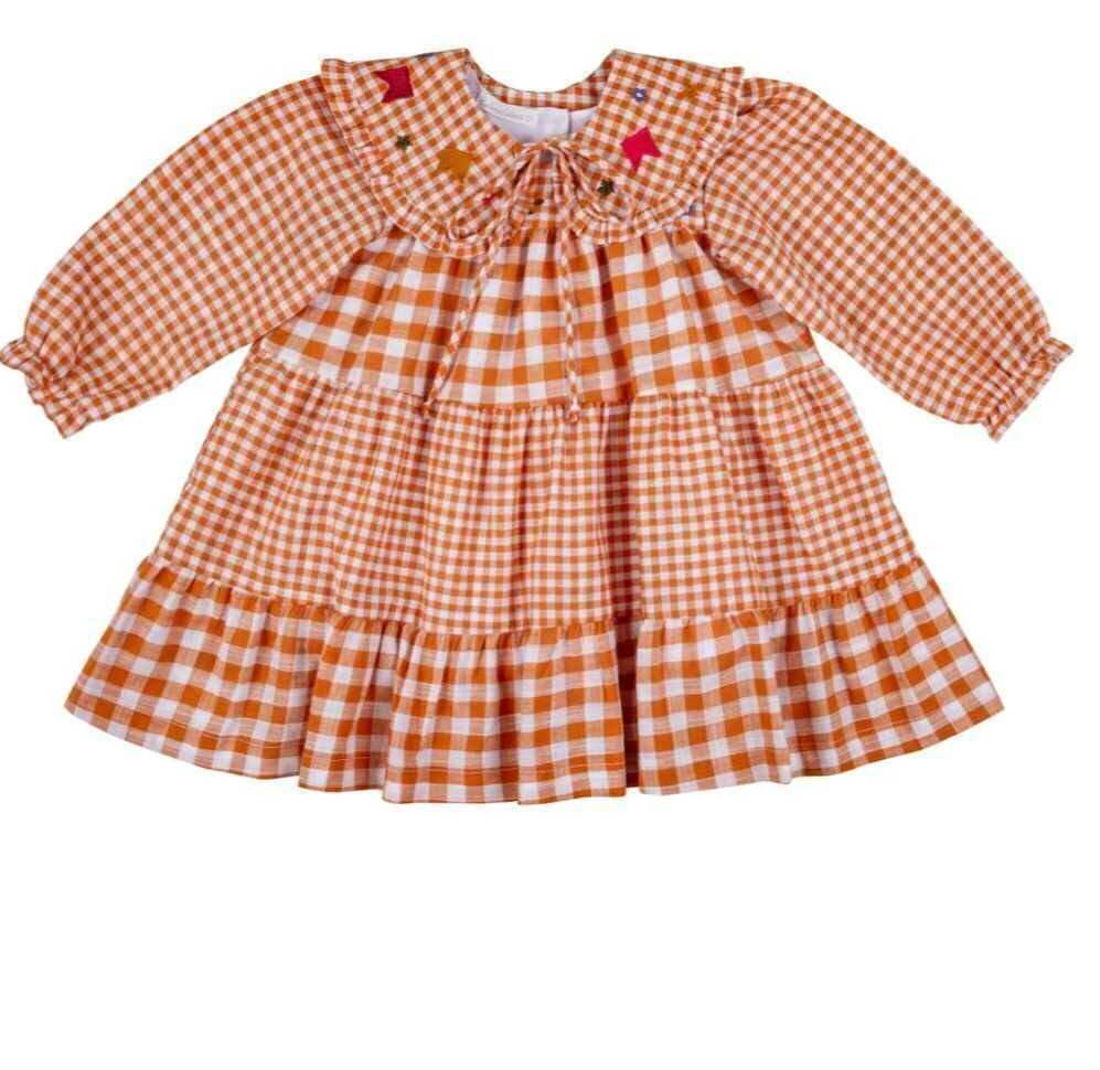 Vestido Xadrez com Gola Postiça - Ferrugem