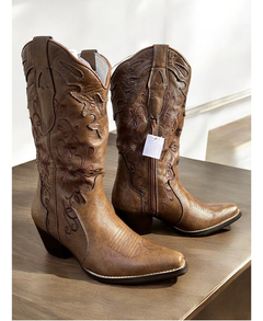 Bota Feminina Bico Fino Cano Longo Western 100% Couro 7890 na internet