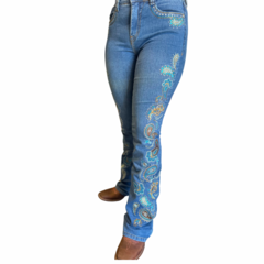 Calça Jeans Bordada Brilho Tassa Boot Cut Medium Wash 5133