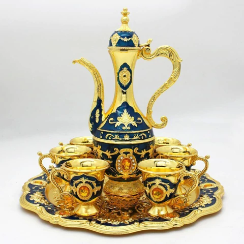 JUEGO DE CAFE TURCO METAL VINTAGE X 6 + TET+BANDEJA AZUL - comprar online