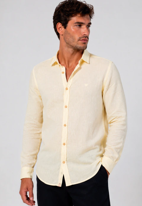 Camisa linho casual masculina manga longa comfort capri