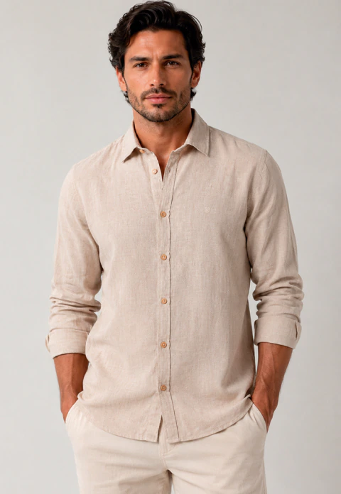 Camisa linho casual masculina manga longa comfort capri