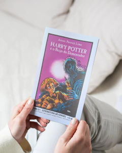 A imagem mostra um livro intitulado "Harry Potter e o Beijo do Dementador" de Patrick Lima, parte da "Literatura de Cordel", em um suporte de madeira circular com dois bonecos de personagens de Harry Potter em cada lado. O livro tem uma capa com uma ilust