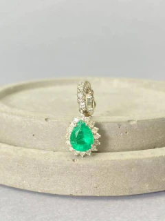 Pingente para Riviera Ouro Branco 18k, Diamantes e Esmeralda