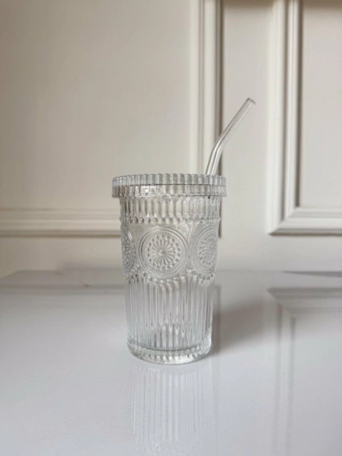 VASO MANDALA TRANSPARENTE CON TAPA Y SORBETE - todo vidrio - comprar online