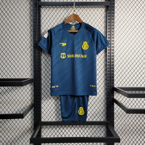 Kit-Infantil-Al-Nassr-Away-22-23-Azul-Uniforme-Futebol-Camiseta-Shorts-Meias-Time-Clube-Crianças-Esportes-Torcida-Estilo-Conforto-Marca-Oficial
