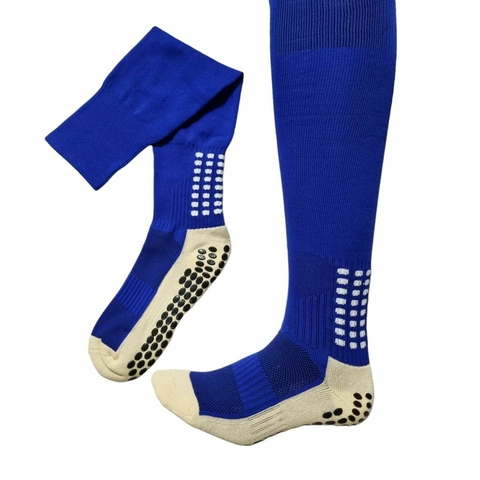 Meias Antiderrapante Futebol Cano Alto - Azul com Bolinhas Brancas e Pretas 