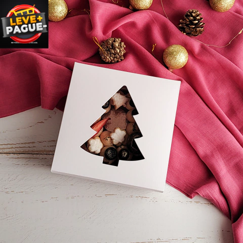 10 Caixas 14,5x14,5x5cm - Branca - Tampa visor pinheiro - Guirlanda 10cm