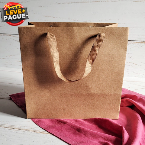 5 Sacolas Média 27x25x16 com Alça de Gorgurão - Kraft - comprar online