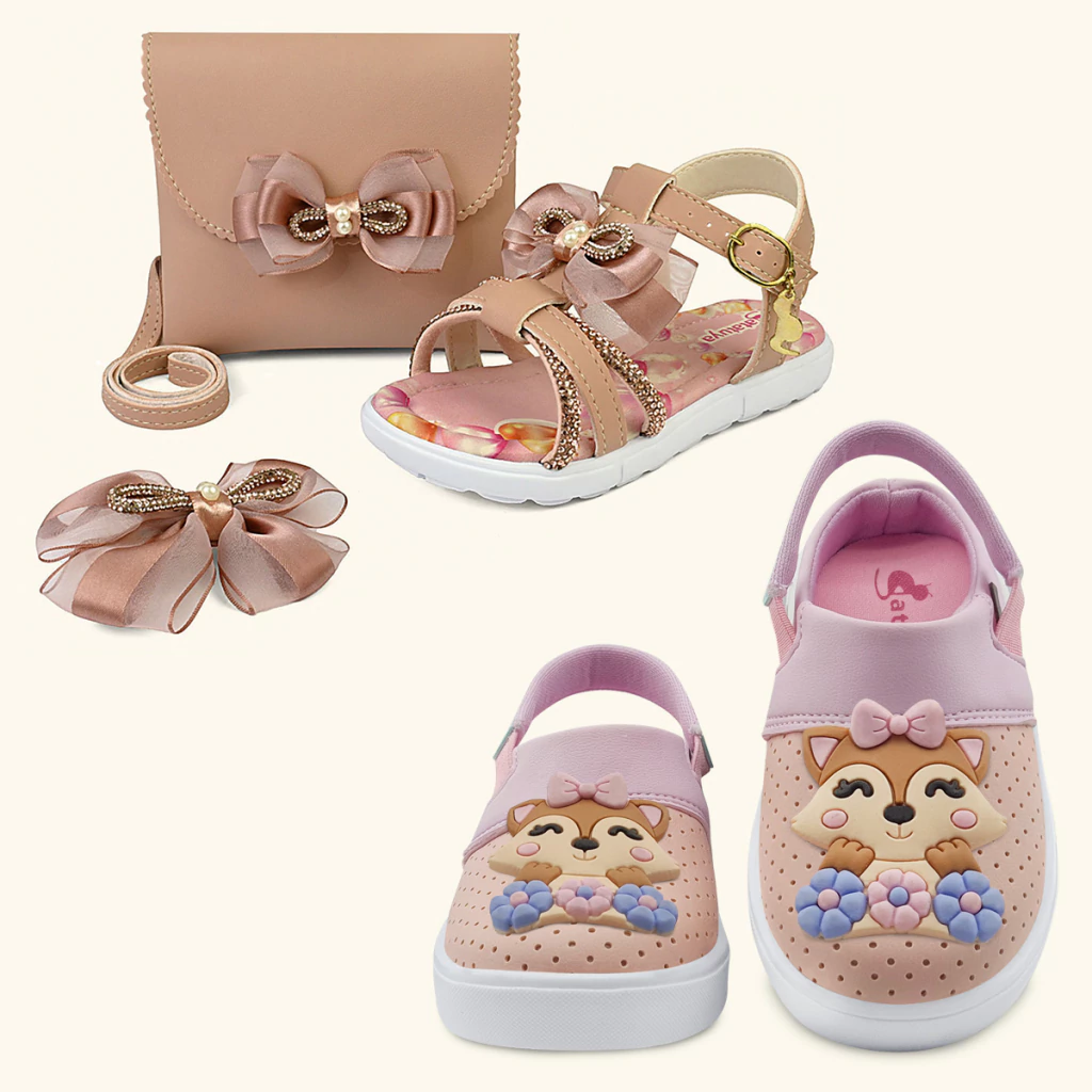 Kit 2 pares Sandália Menina Laço Brilho Com Bolsa E Babuche Infantil Raposa