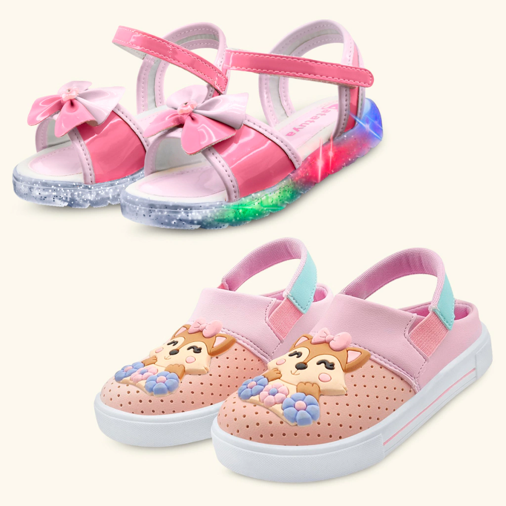 Kit 2 Pares De Sandália Led e Babuche Infantil Menina Rosa Gatatuya