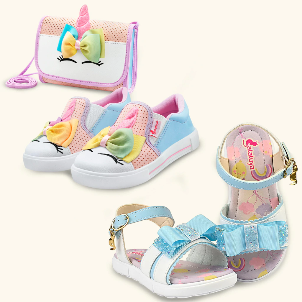 Kit Tênis Menina Unicórnio Com Bolsinha E Sandália Infantil Laço Brilho