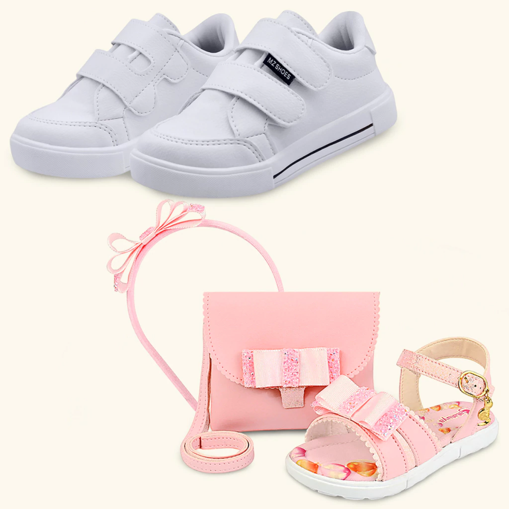 Kit Sandália Infantil Rosa Com Bolsa e Tiara E Tênis Menina Branco Casual