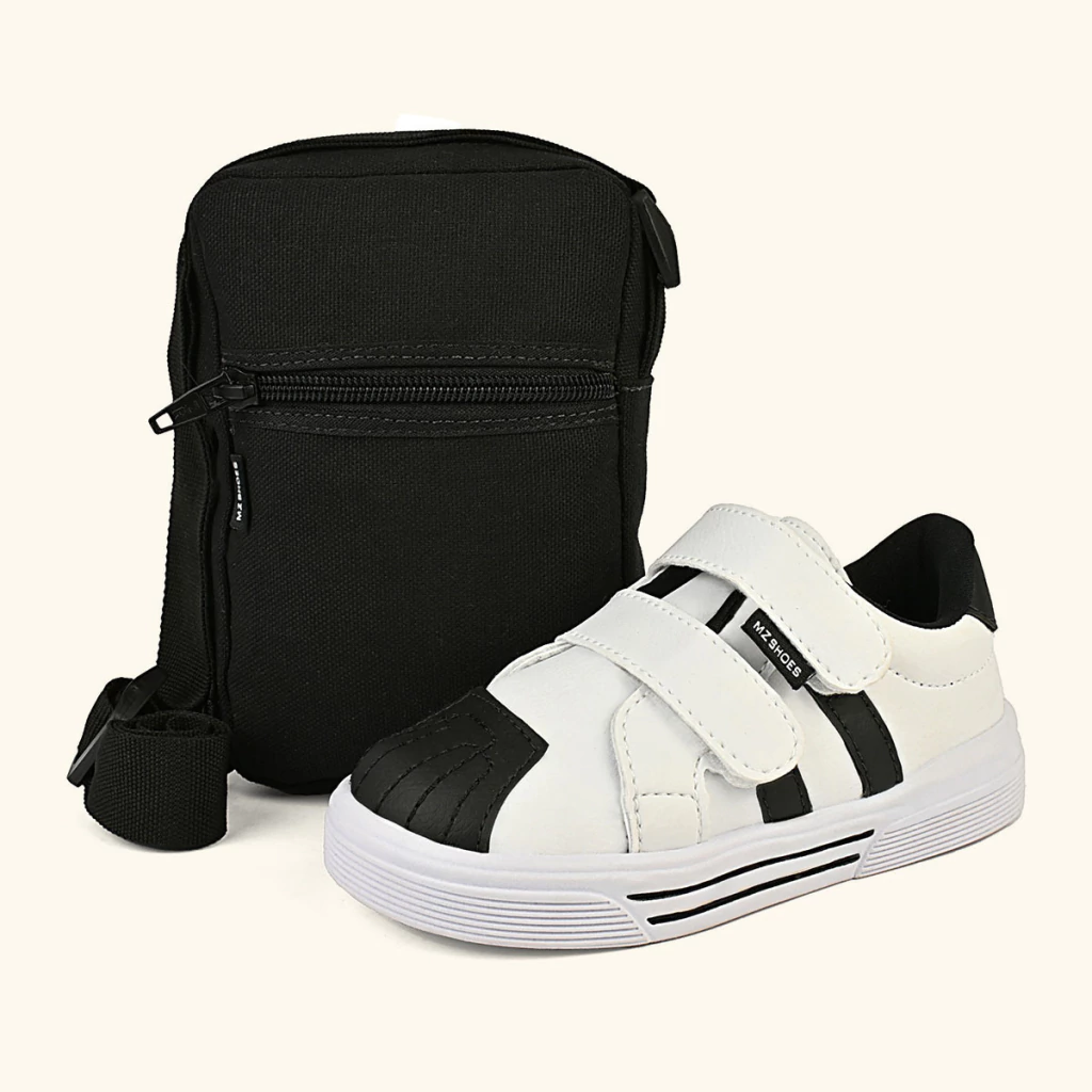 Tênis Infantil Masculino Com Shoulder Bag Confortável Menino Branco e Preto