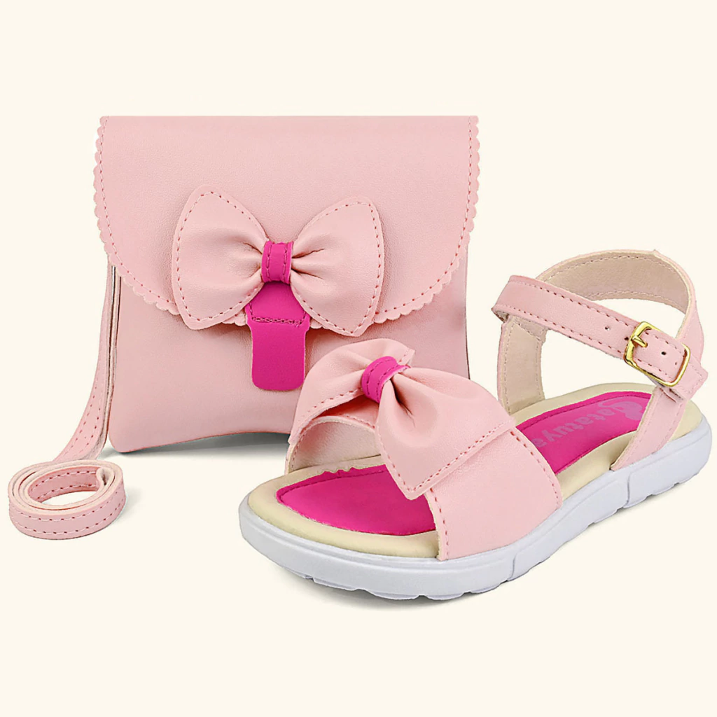 Kit Sandália Infantil Com Laço Com Bolsa Fivela Menina Rosa/Pink