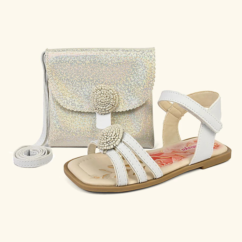 Rasteirinha Infantil Com Bolsa Menina Flor Kit Sandália Leve Branca/Prata