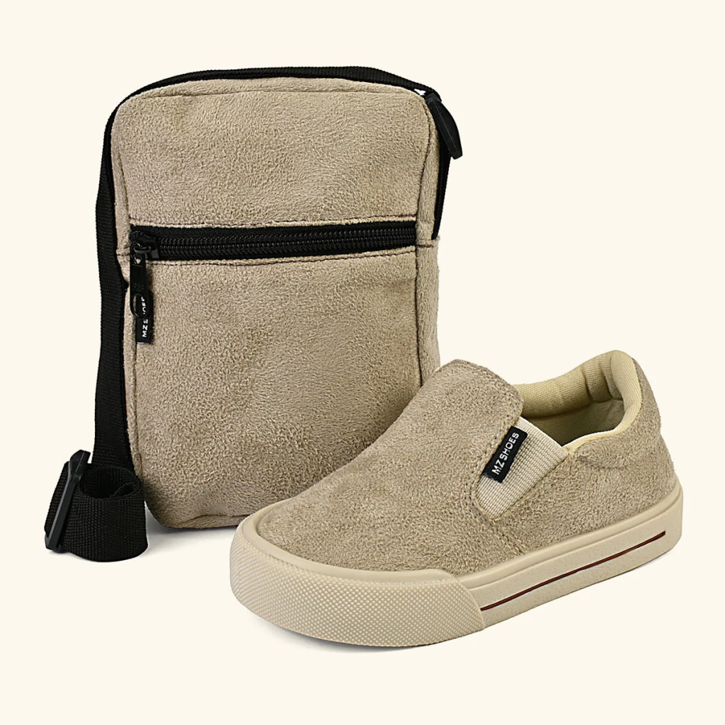 Kit Tênis Slip On Infantil Menino Com Bolsa Iate Calce Fácil Casual Marfim