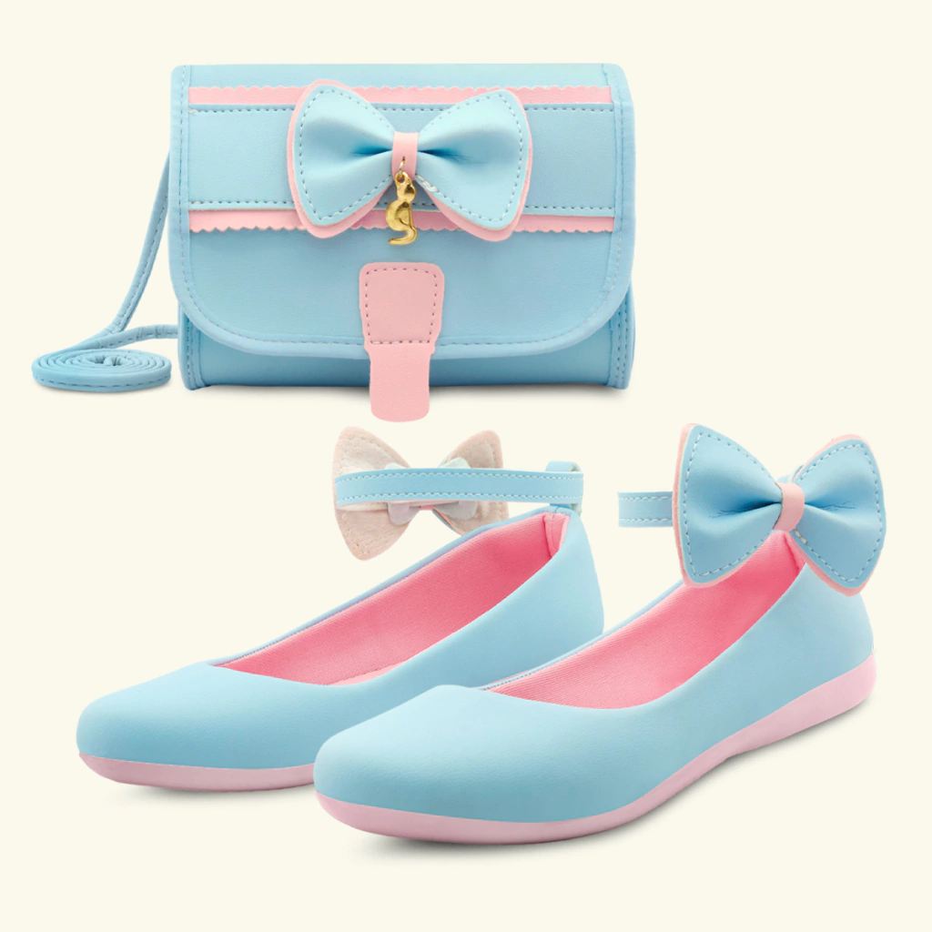 Kit Sapatilha Infantil Menina Festa Gatatuya Com Bolsa Laço Boneca Azul
