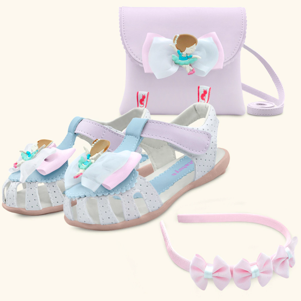 Kit Sandália Menina Infantil Bailarina Com Bolsa E Tiara Branco/Lilás