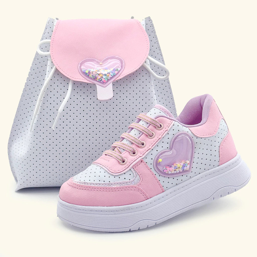 Kit Tênis Escolar Com Bolsa Infantil Feminino Branco Rosa Calce Fácil Confortável Gatatuya