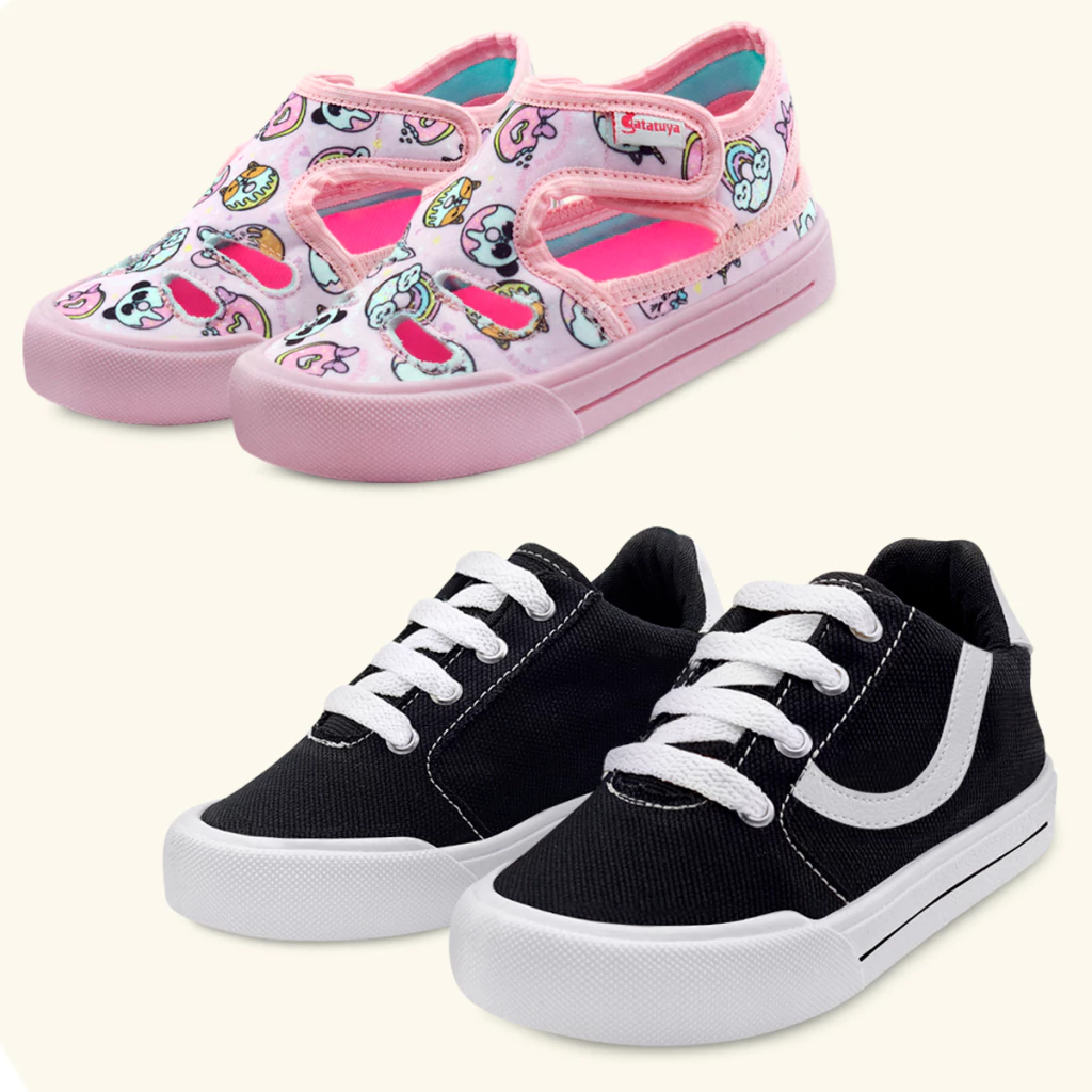 Kit 2 Pares Tênis Infantil Preto Casual E Sandália Papete Menina Rosa Donuts Gatatuya