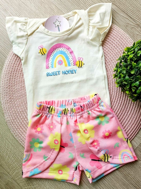Conjunto Bebê Arco Íris Offwhite e Rosa Rollu