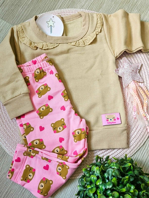 Conjunto Bebê Moletom Peluciado Ursinha Castanho e Chiclete Hrradinhos - comprar online