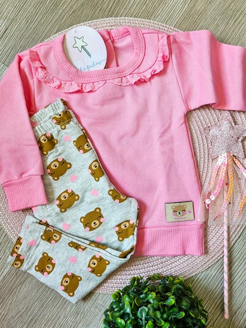 Conjunto Bebê Moletom Peluciado Ursinha Chiclete e Mescla Hrradinhos - comprar online
